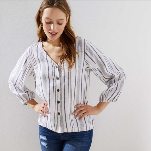 LOFT Tops - LOFT Blouson Sleeve Button Down Linen Top